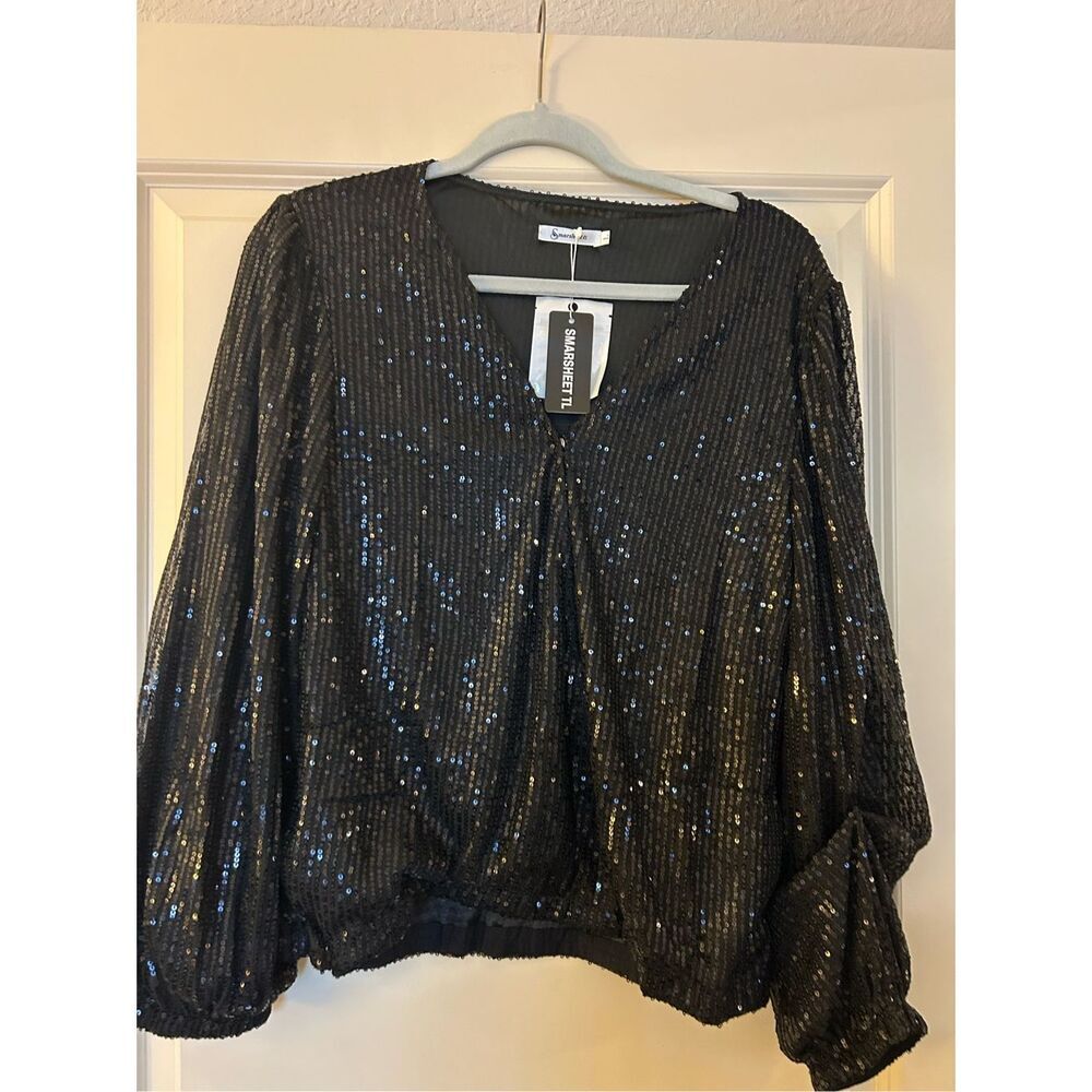NEW Elegant Sequin Sheer Long Sleeve V Neck Slim Fit Top M